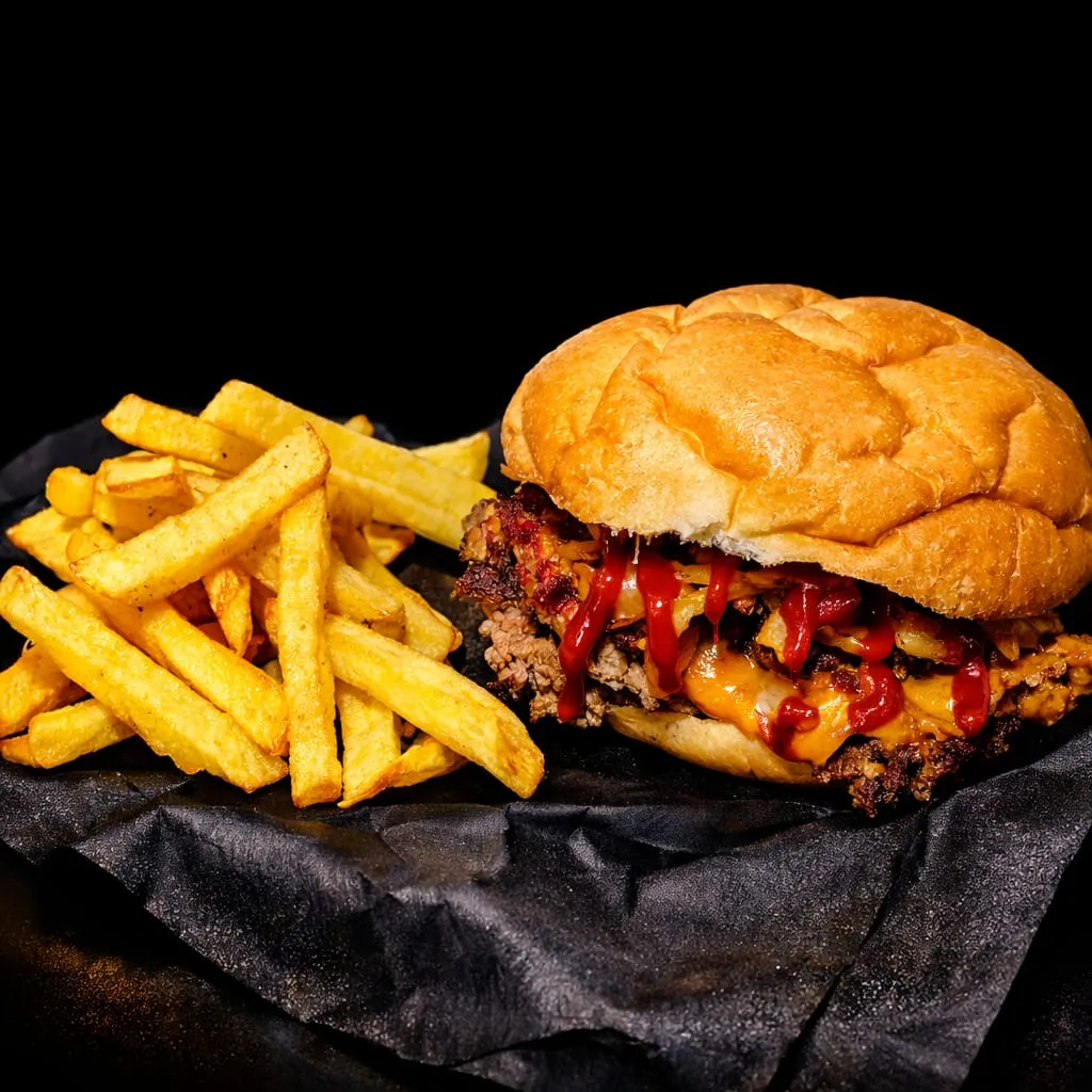 COMBO 1: BURGER DOBLE BLEND CON CHEDDAR. Cebolla y panceta, barbacoa o ketchup.+ papas fritas