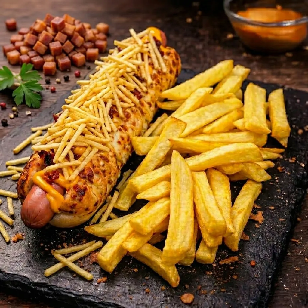 Combo 4: Pancho Repancho. Pan con chispas de queso, cheddar, panceta y papas pay + papas fritas