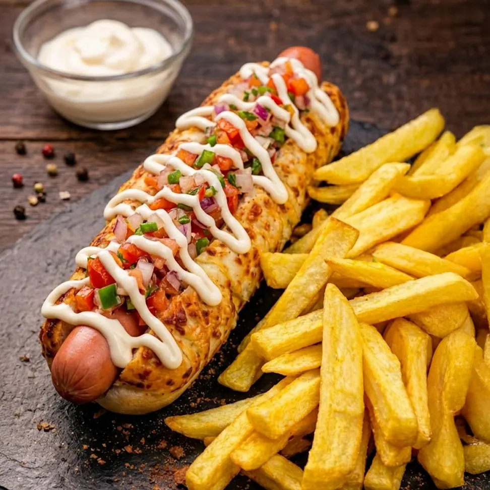 Combo 5: Pancho Repancho. Pan con chispas de queso, mayonesa y salsa criolla + papas fritas