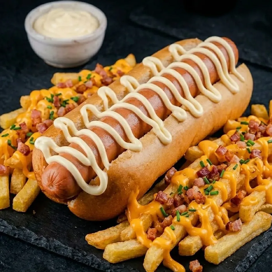 Promo 9: Pancho con mayonesa + papas fritas con salsa cheddar y panceta