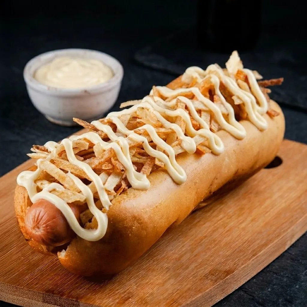 Pancho con mayonesa y papas pay + papas fritas